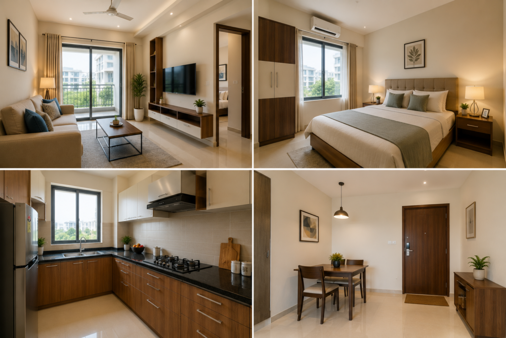 Modern 1BHK fully furnished flat with spacious living room, modular kitchen, elegant bedroom,